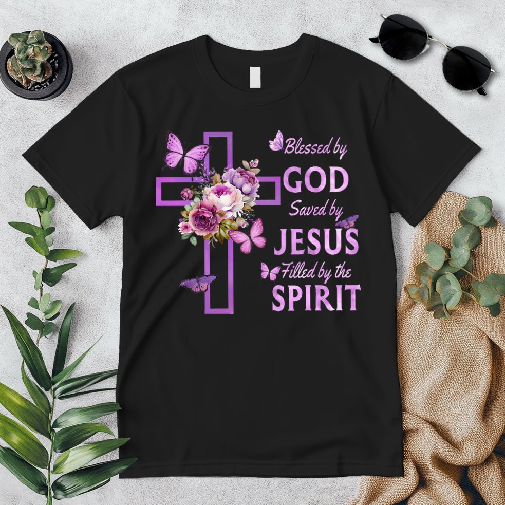 Blessed By God Saved By Jesus Purple Floral Cross Christian Premium T-Shirt