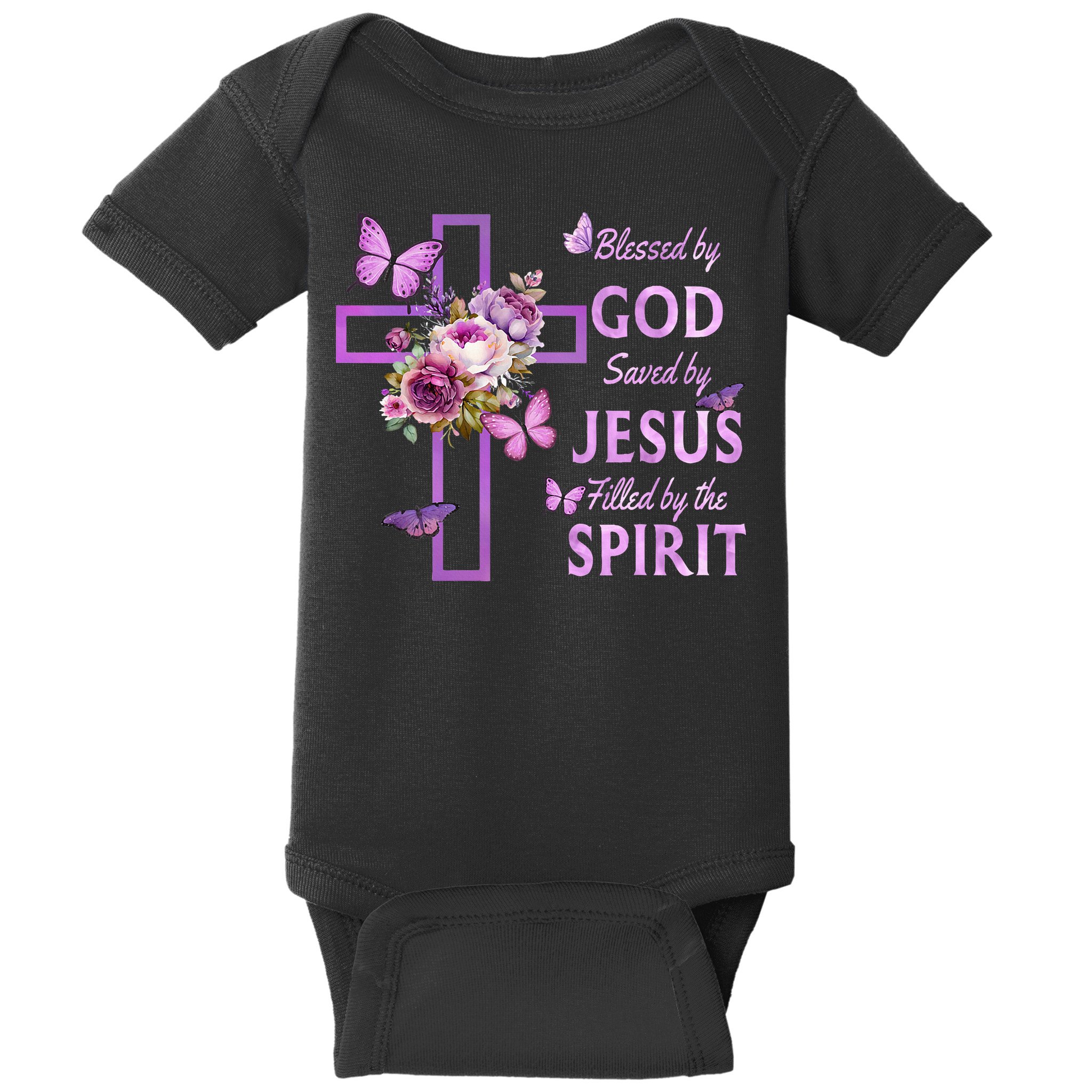 Blessed By God Saved By Jesus Purple Floral Cross Christian Baby Bodysuit