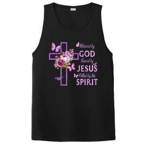 Blessed By God Saved By Jesus Purple Floral Cross Christian PosiCharge Competitor Tank