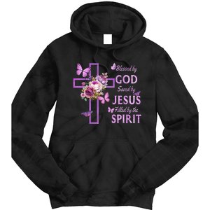 Blessed By God Saved By Jesus Purple Floral Cross Christian Tie Dye Hoodie