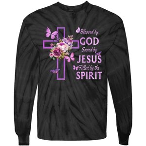 Blessed By God Saved By Jesus Purple Floral Cross Christian Tie-Dye Long Sleeve Shirt