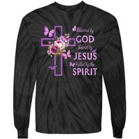 Blessed By God Saved By Jesus Purple Floral Cross Christian Tie-Dye Long Sleeve Shirt