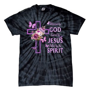 Blessed By God Saved By Jesus Purple Floral Cross Christian Tie-Dye T-Shirt