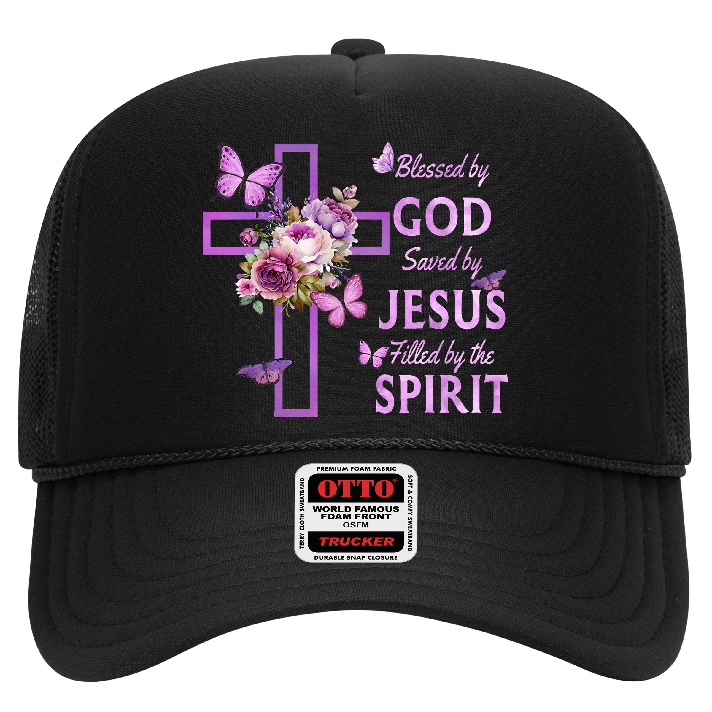 Blessed By God Saved By Jesus Purple Floral Cross Christian Hat