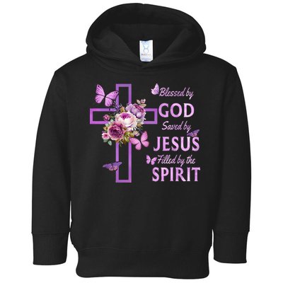 Blessed By God Saved By Jesus Purple Floral Cross Christian Toddler Hoodie