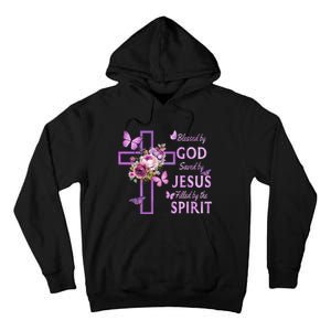 Blessed By God Saved By Jesus Purple Floral Cross Christian Tall Hoodie