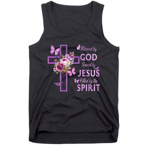 Blessed By God Saved By Jesus Purple Floral Cross Christian Tank Top