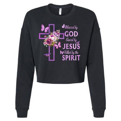 Blessed By God Saved By Jesus Purple Floral Cross Christian Cropped Pullover Crew