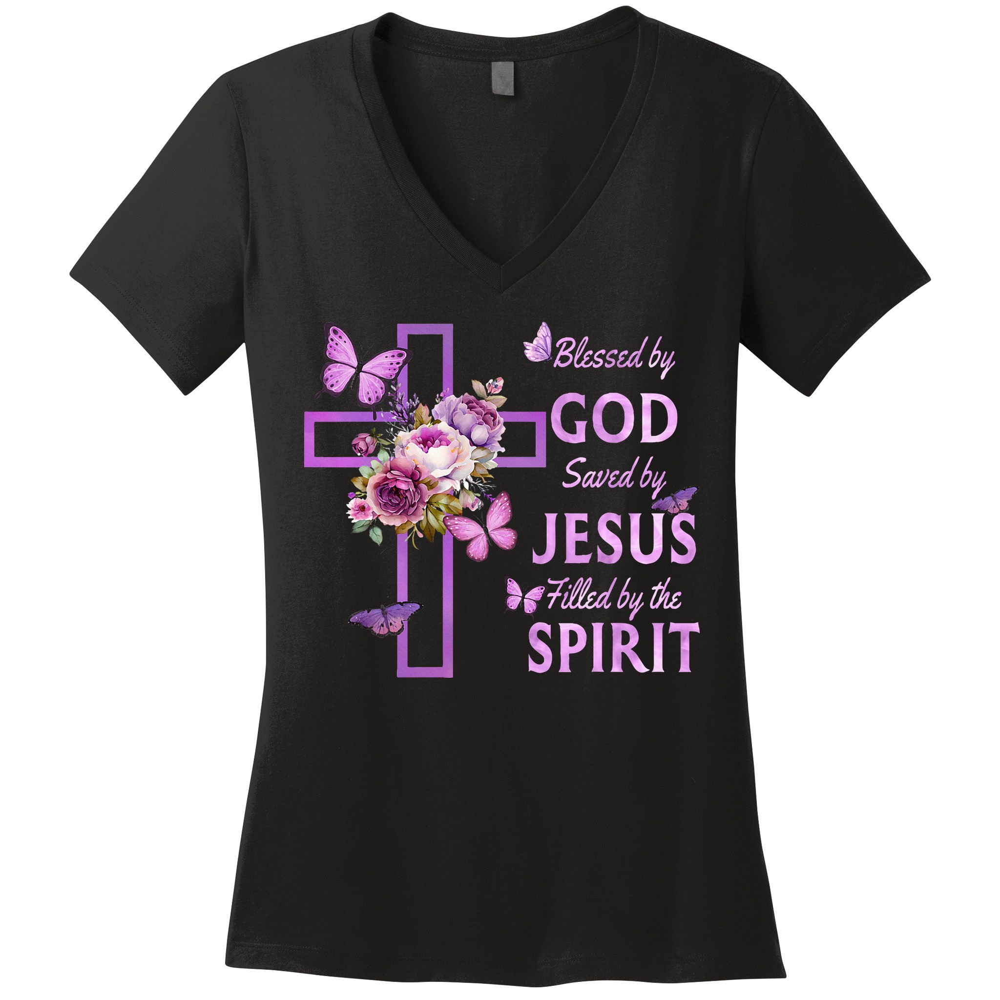 Blessed By God Saved By Jesus Purple Floral Cross Christian Women's V-Neck T-Shirt