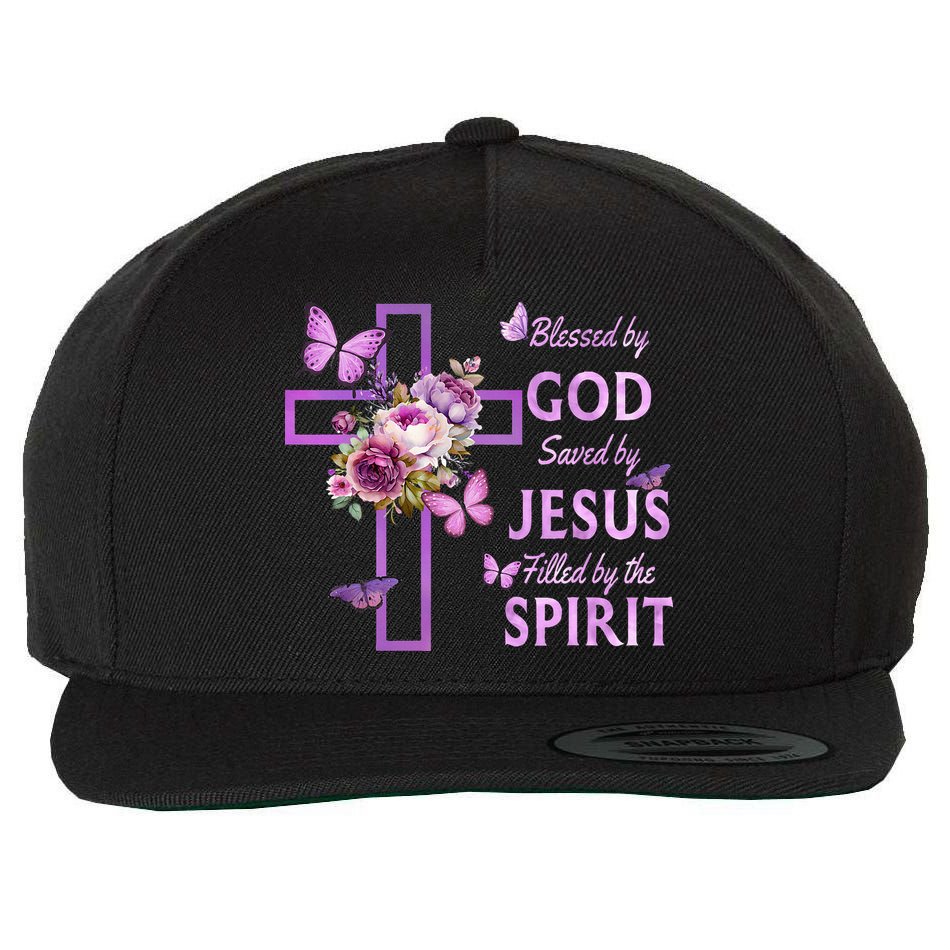 Blessed By God Saved By Jesus Purple Floral Cross Christian Wool Snapback Cap