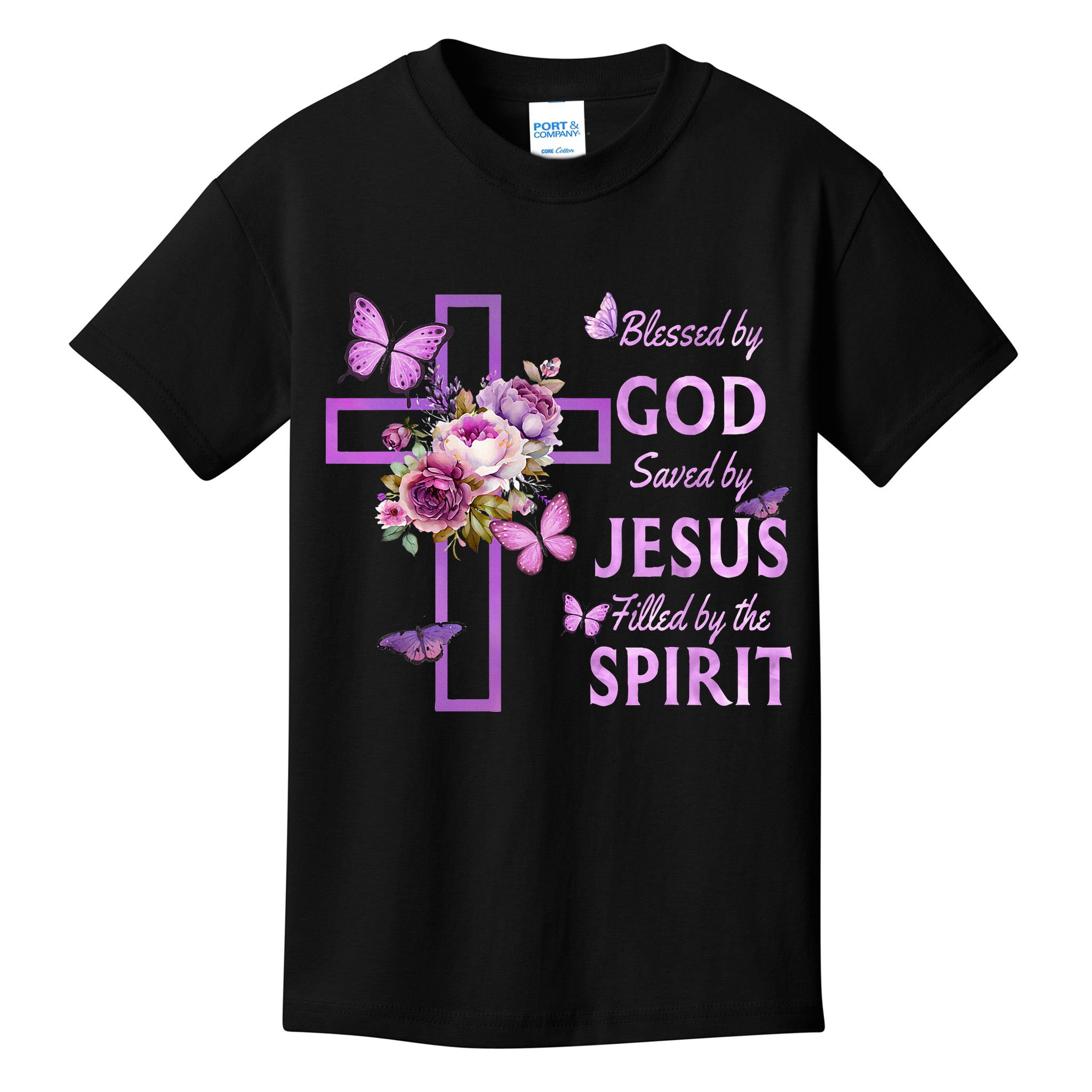 Blessed By God Saved By Jesus Purple Floral Cross Christian Kids T-Shirt