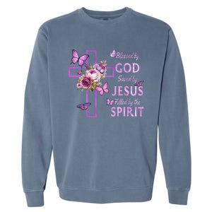 Blessed By God Saved By Jesus Purple Floral Cross Christian Garment-Dyed Sweatshirt