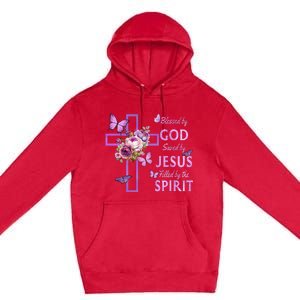 Blessed By God Saved By Jesus Purple Floral Cross Christian Premium Pullover Hoodie