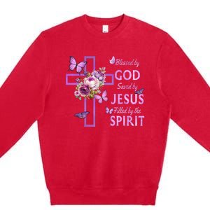 Blessed By God Saved By Jesus Purple Floral Cross Christian Premium Crewneck Sweatshirt