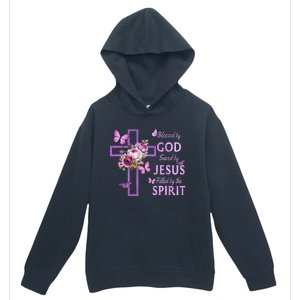 Blessed By God Saved By Jesus Purple Floral Cross Christian Urban Pullover Hoodie