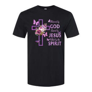 Blessed By God Saved By Jesus Purple Floral Cross Christian Softstyle CVC T-Shirt