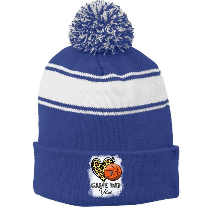 Bleached Basketball Game Day Vibes Basketball Mom Game Day Funny Gift Stripe Pom Pom Beanie