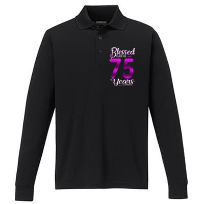 Blessed by God for 75 Years Old 75th Birthday Present Gifts Crown Performance Long Sleeve Polo