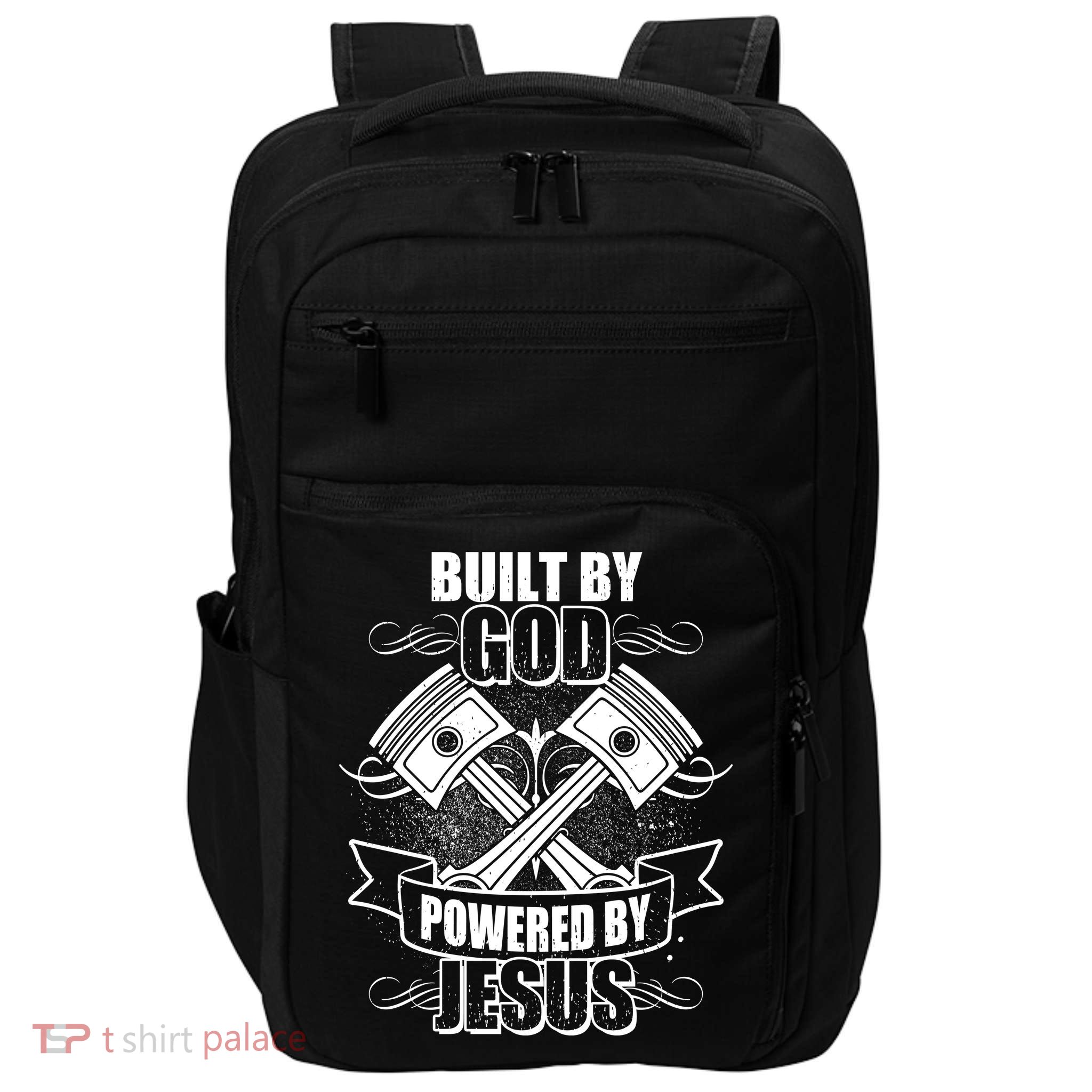Built By God Powered By Jesus Car Engine Pistons Impact Tech Backpack