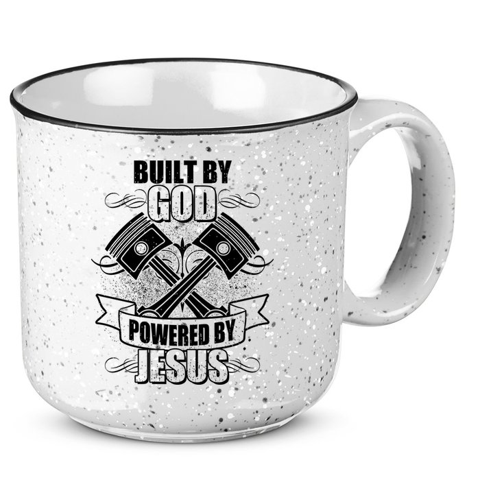 Built By God Powered By Jesus Car Engine Pistons 15oz Campfire Ceramic Mug