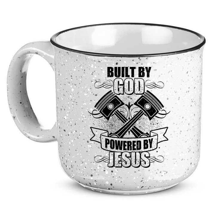 Built By God Powered By Jesus Car Engine Pistons 15oz Campfire Ceramic Mug