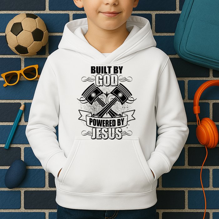 Built By God Powered By Jesus Car Engine Pistons Kids Hoodie