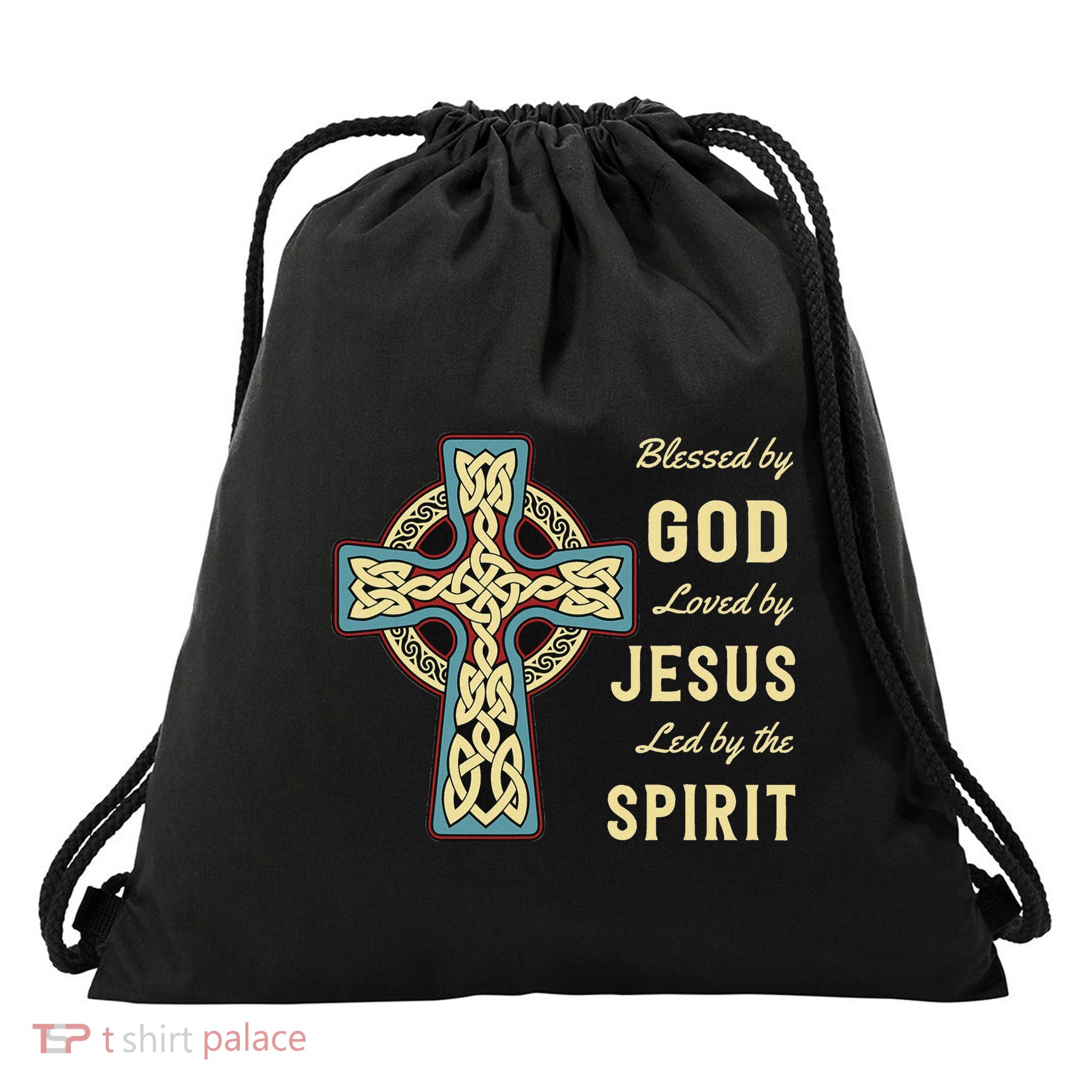 Blessed By God Loved By Jesus Celtic Cross Christian Drawstring Bag