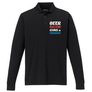 Beer Bacon Guns & Freedom 4th of July Performance Long Sleeve Polo