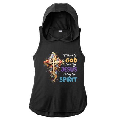 Blessed By God Loved By Jesus Cross Christian Religious Ladies PosiCharge Tri-Blend Wicking Draft Hoodie Tank