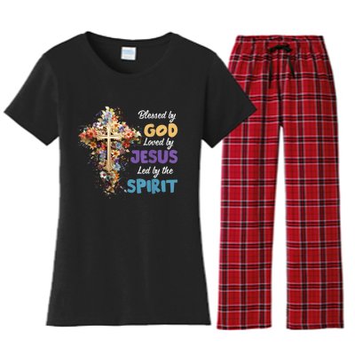 Blessed By God Loved By Jesus Cross Christian Religious Women's Flannel Pajama Set