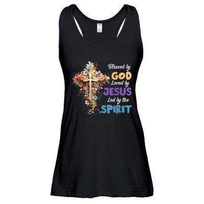 Blessed By God Loved By Jesus Cross Christian Religious Ladies Essential Flowy Tank