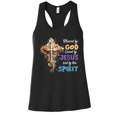 Blessed By God Loved By Jesus Cross Christian Religious Women's Racerback Tank