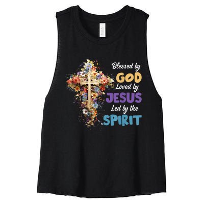 Blessed By God Loved By Jesus Cross Christian Religious Women's Racerback Cropped Tank