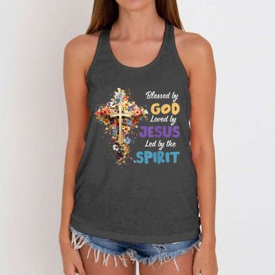 Blessed By God Loved By Jesus Cross Christian Religious Women's Knotted Racerback Tank