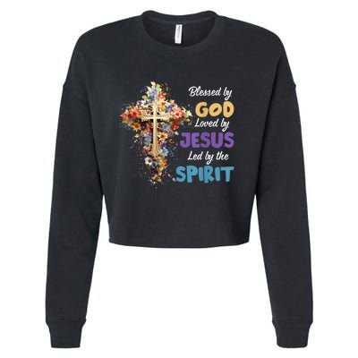 Blessed By God Loved By Jesus Cross Christian Religious Cropped Pullover Crew