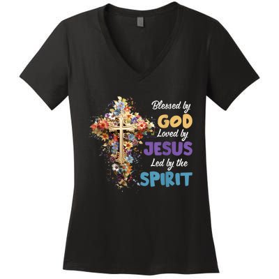 Blessed By God Loved By Jesus Cross Christian Religious Women's V-Neck T-Shirt