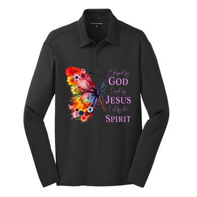 Blessed By God Loved By Jesus, Butterfly Christian Faith Silk Touch Performance Long Sleeve Polo