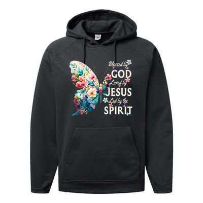 Blessed By God Loved By Jesus Floral Butterfly Christian Performance Fleece Hoodie