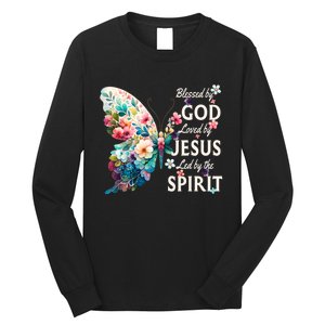 Blessed By God Loved By Jesus Floral Butterfly Christian Long Sleeve Shirt