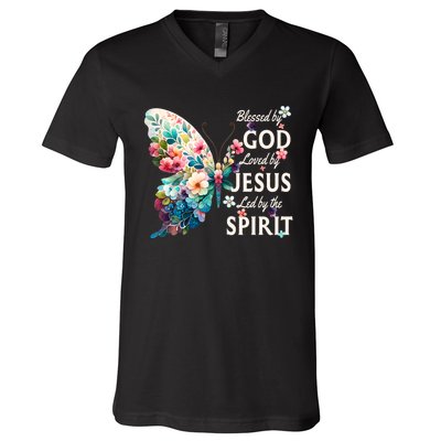 Blessed By God Loved By Jesus Floral Butterfly Christian V-Neck T-Shirt