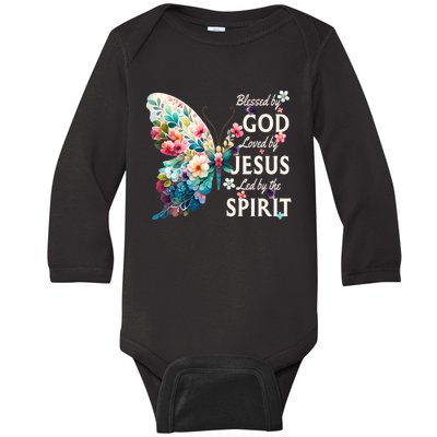 Blessed By God Loved By Jesus Floral Butterfly Christian Baby Long Sleeve Bodysuit