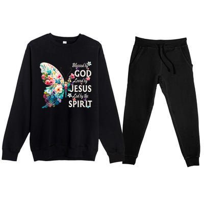 Blessed By God Loved By Jesus Floral Butterfly Christian Premium Crewneck Sweatsuit Set