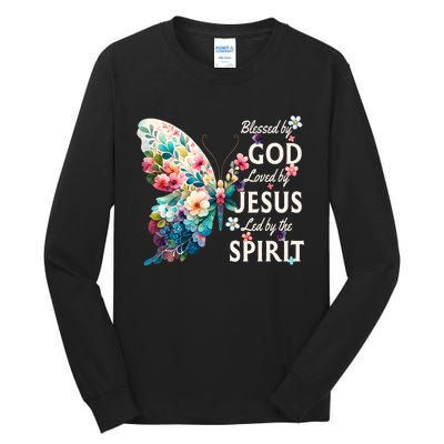 Blessed By God Loved By Jesus Floral Butterfly Christian Tall Long Sleeve T-Shirt