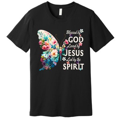 Blessed By God Loved By Jesus Floral Butterfly Christian Premium T-Shirt