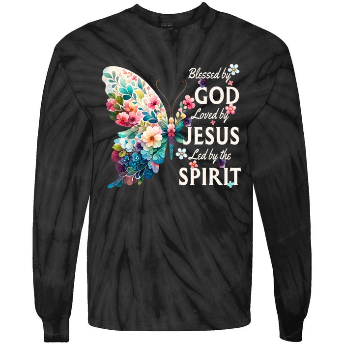 Blessed By God Loved By Jesus Floral Butterfly Christian Tie-Dye Long Sleeve Shirt