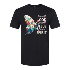 Blessed By God Loved By Jesus Floral Butterfly Christian Softstyle CVC T-Shirt