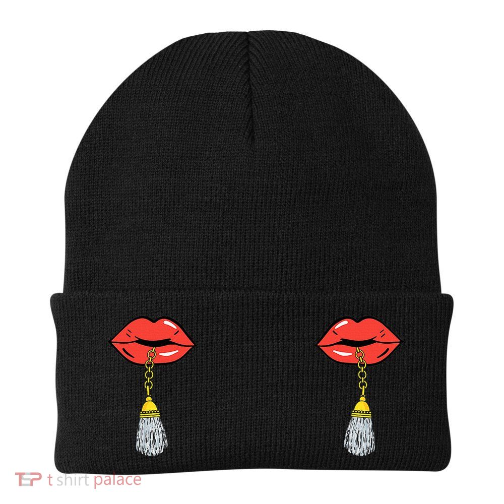 Burlesque Boobs Gag Red Lip Tassel Pasties Knit Cap Winter Beanie