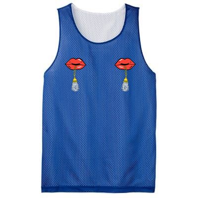 Burlesque Boobs Gag Red Lip Tassel Pasties Mesh Reversible Basketball Jersey Tank