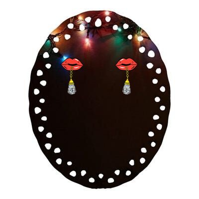 Burlesque Boobs Gag Red Lip Tassel Pasties Ceramic Oval Ornament