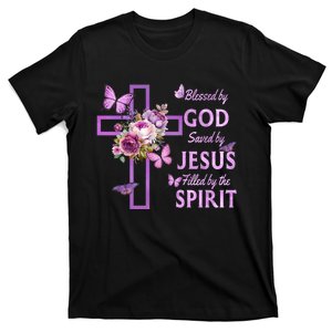 Blessed By God Saved By Jesus Purple Floral Cross Christian T-Shirt